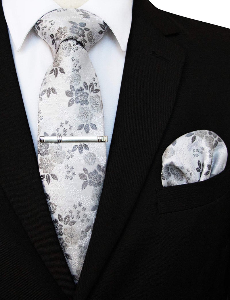 JEMYGINS Silk White Floral Necktie and Pocket Square, Hankerchief and Tie Bar Clip Sets for Men (11) - Image 2